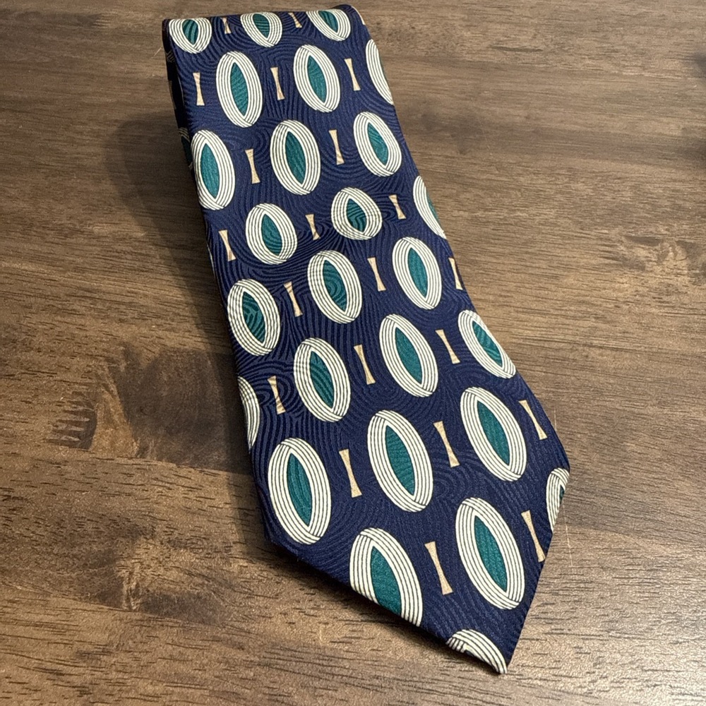 Lands End‎ 100% Silk Navy Blue Green Geometric Business Tie Necktie 3.5"